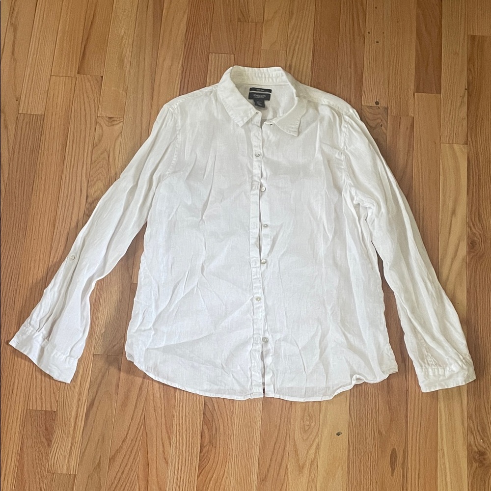 White 100% Linen Button Down Shirt Womens Large Neutral Minimalist Coastal Beach